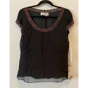 NWT A.J. Bari Silk Black Blouse Short Sleeve Beaded Accent Top Size 6